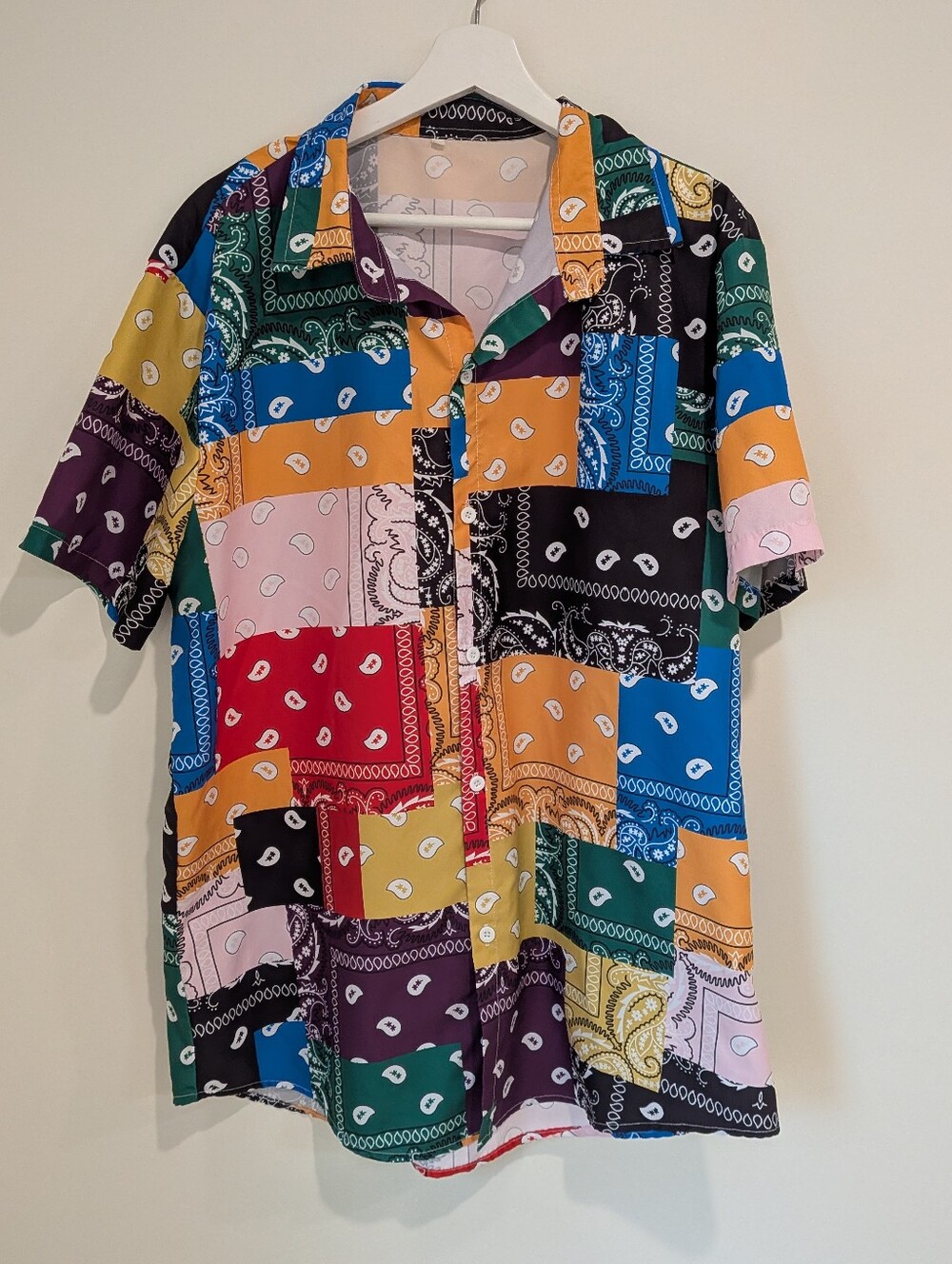 Bandana Print Men's Short Sleeve Button Down Block Color Western Party